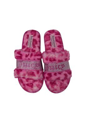 Juicy Couture Faux Fur Slip On Slippers, Slides, Pink, Rhinestone, Y2K,Sz L 9/10